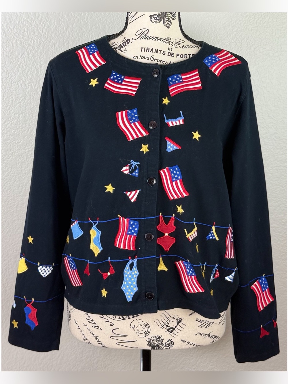 Michael Simon Americana 4th of July Patriotic Black Embroidered Cardigan Sweater - Picture 1 of 10